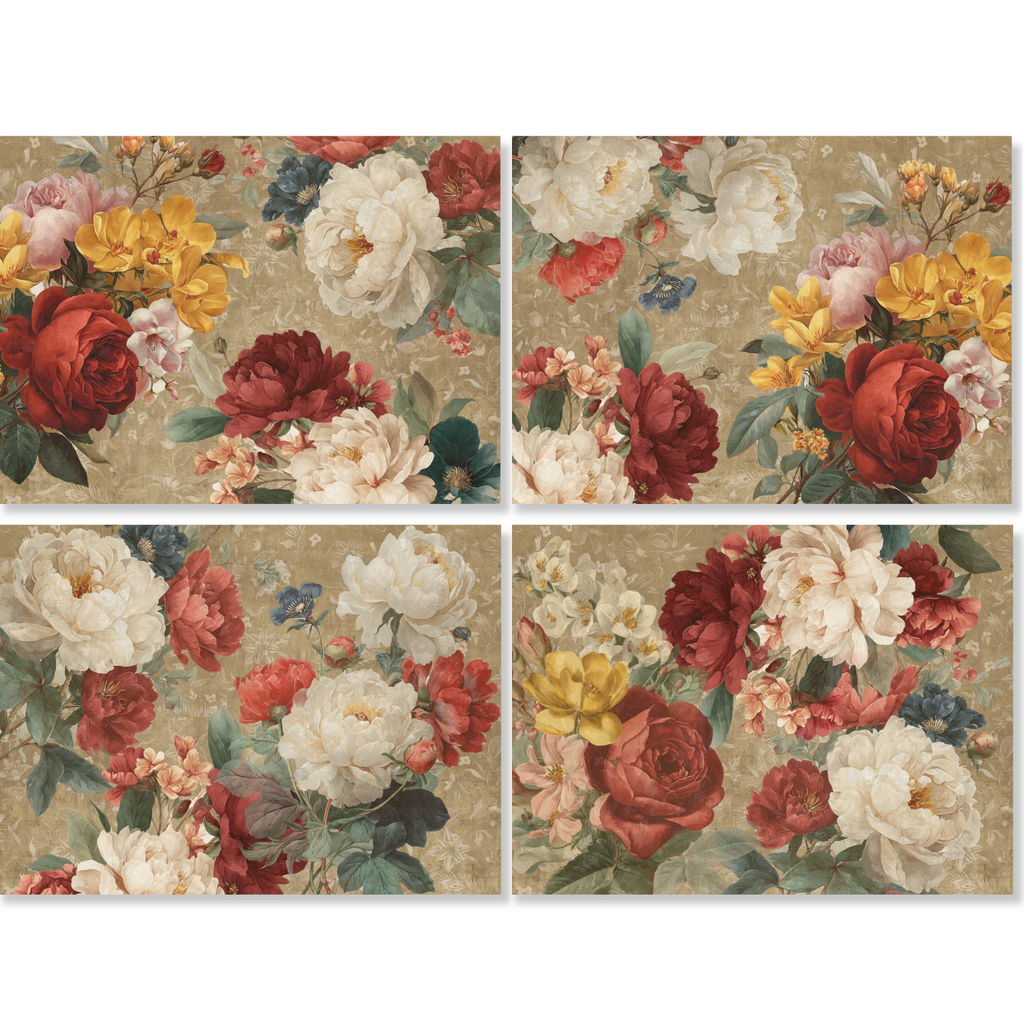 De Ronsard premium linen placemats styled on table with romantic floral print
