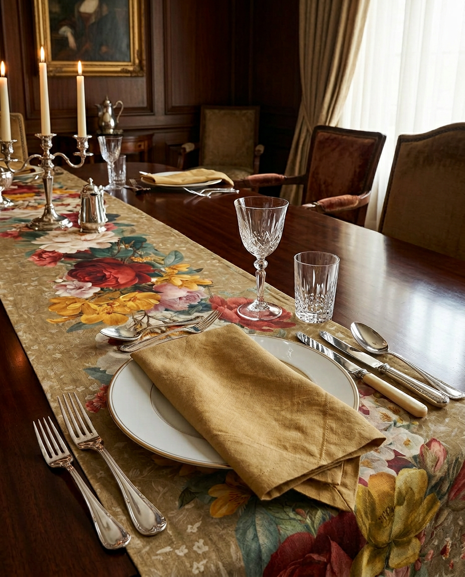 De Ronsard premium linen runner with romantic rose-inspired print