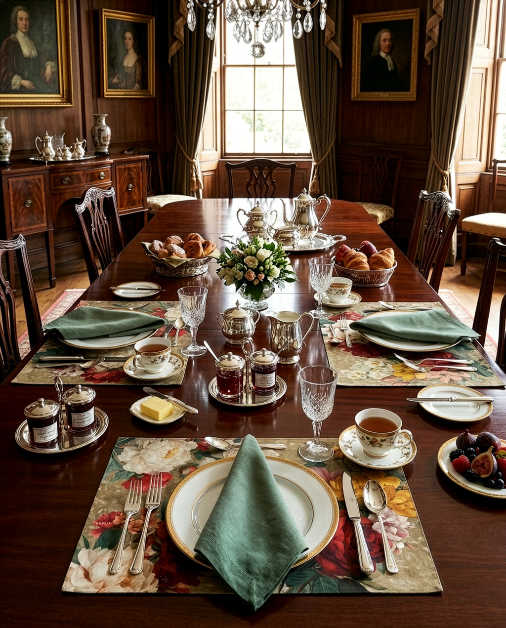 De Ronsard premium linen placemats styled on table with romantic floral print
