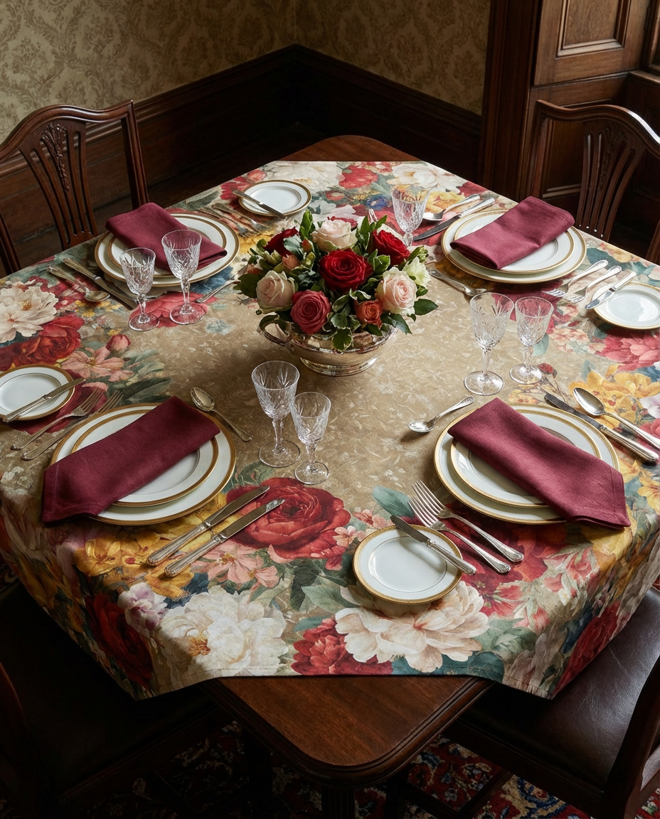 De Ronsard premium linen square tablecloth 110 x 110 cm with rose-inspired print