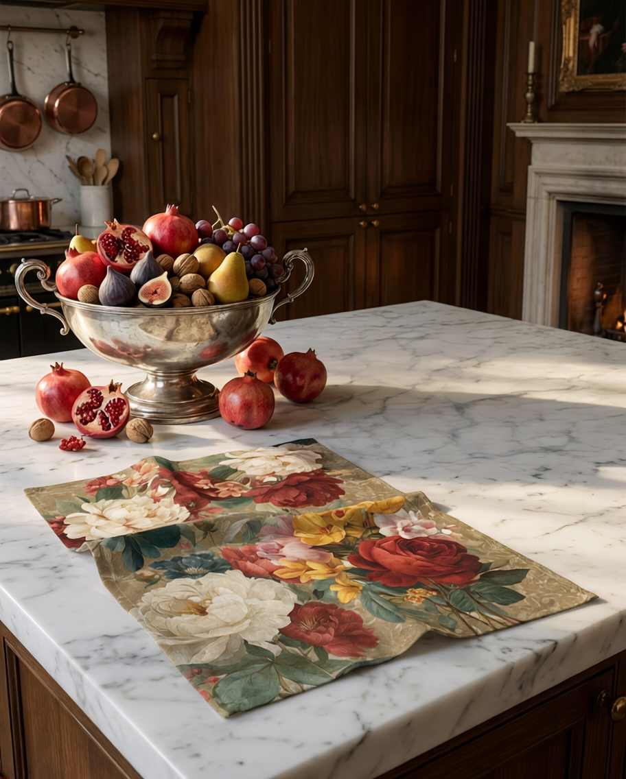 De Ronsard premium linen kitchen towel variant 1 with romantic rose print