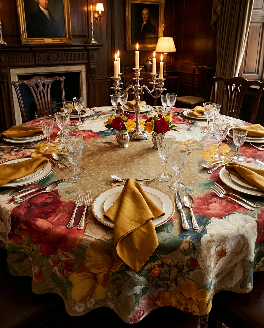 De Ronsard round premium linen tablecloth with romantic botanical rose design