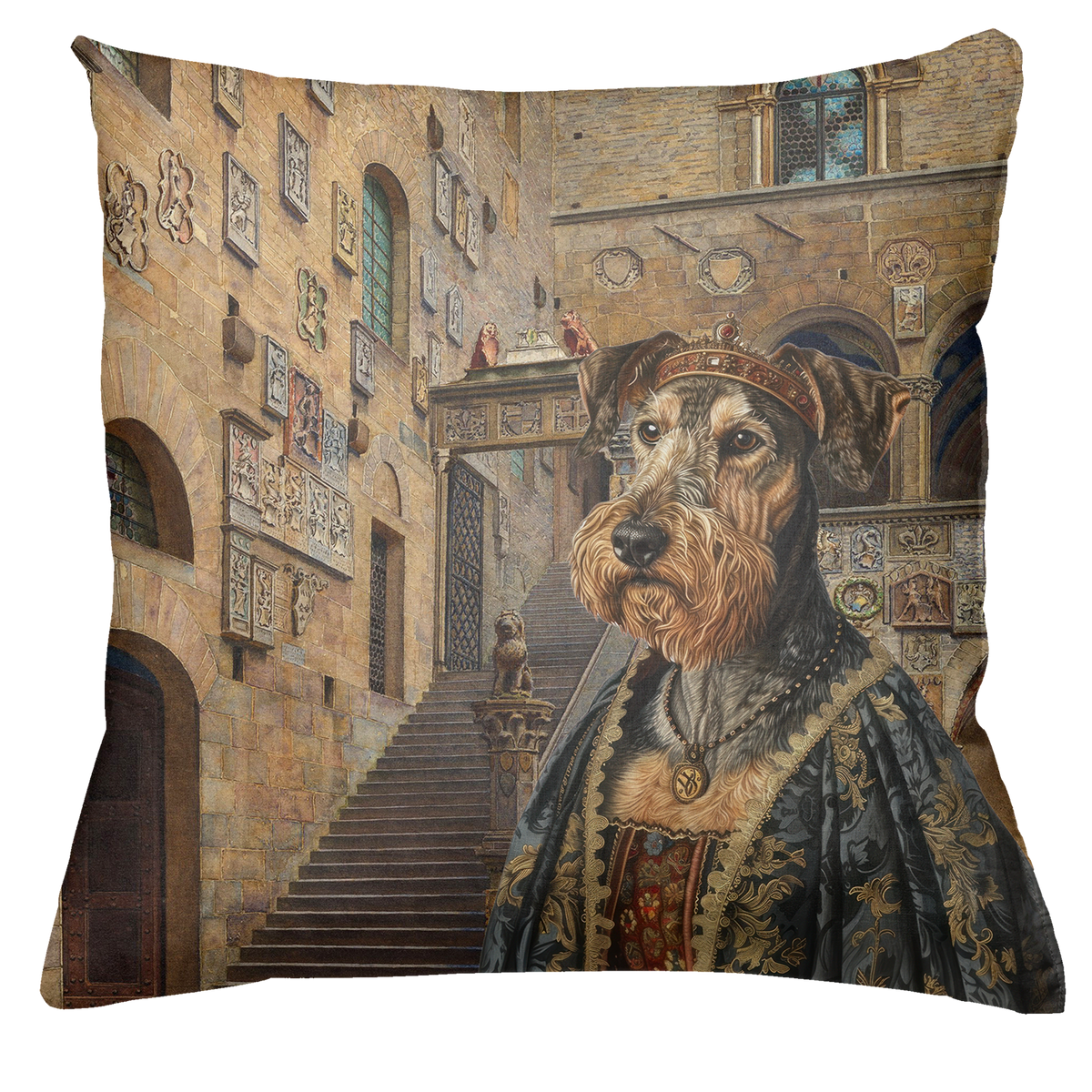 The Dogs Tale velvet cushion var. 3, front view with illustrated dog motif