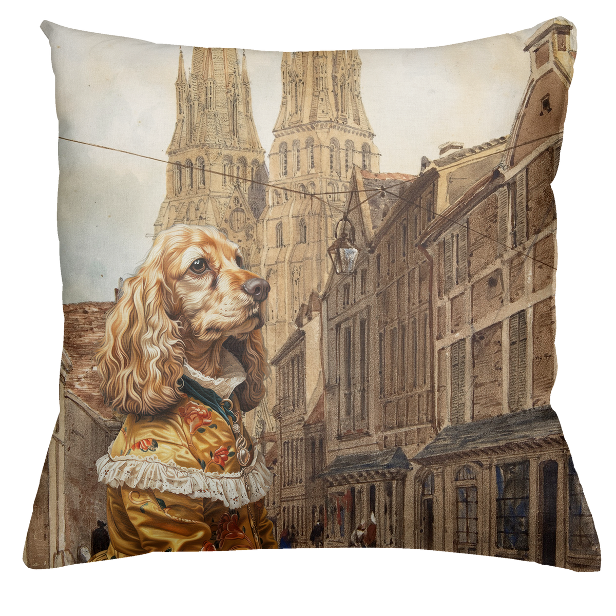 The Dogs Tale velvet cushion var. 4, front view with illustrated dog motif