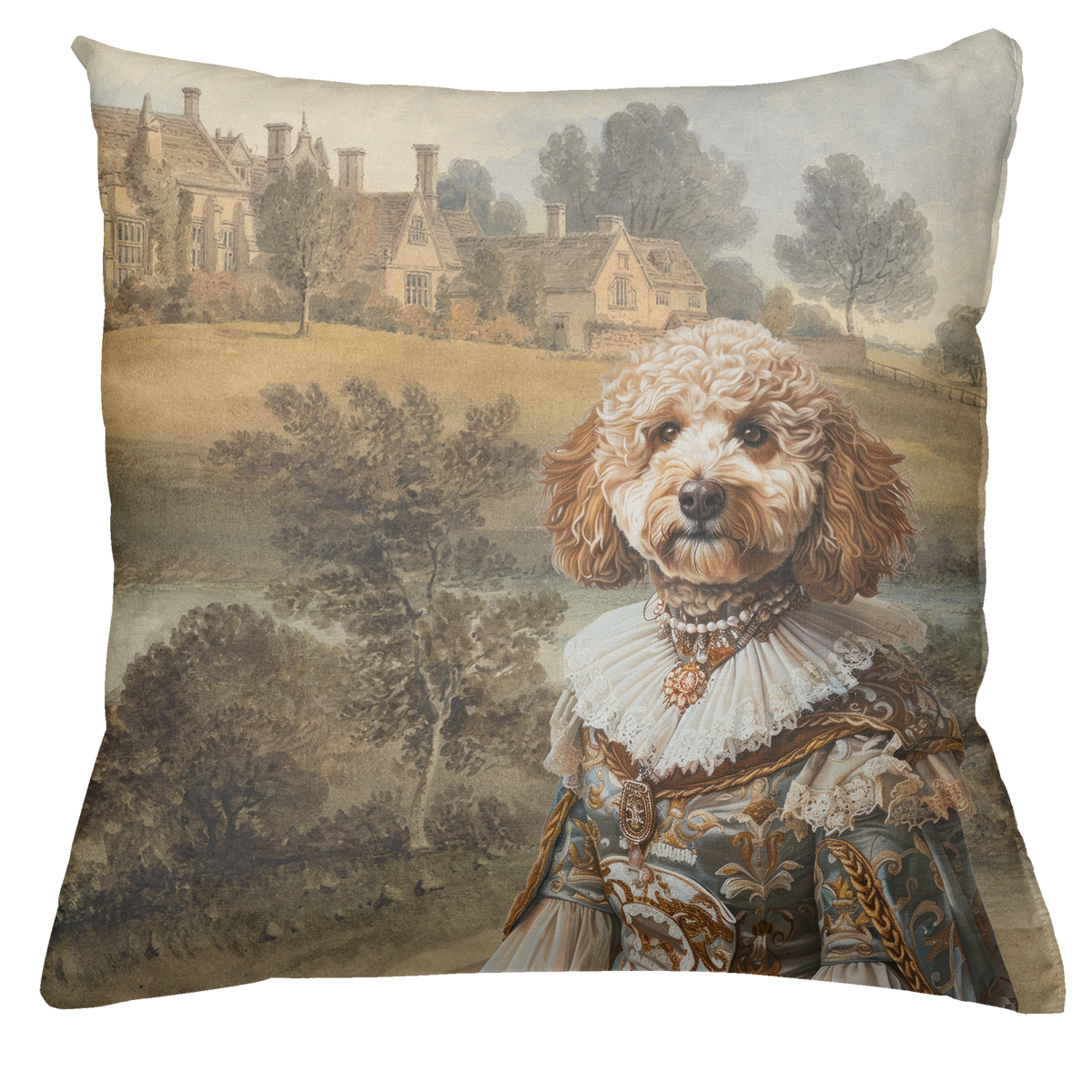 The Dogs Tale velvet cushion var. 7, front view with illustrated dog motif