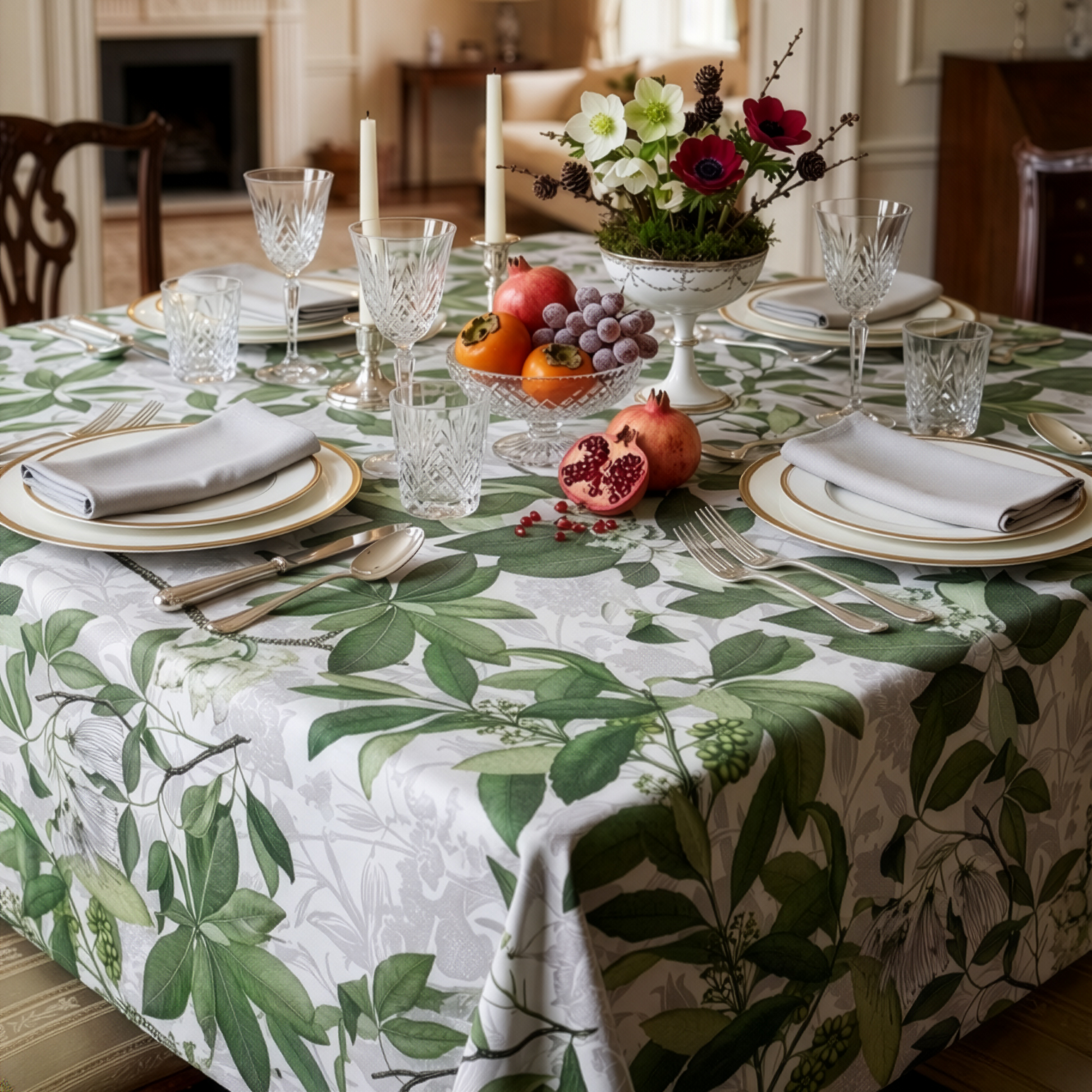 Hedycarya tablecloth premium linen in 180x270 cm with digitally printed decorative design