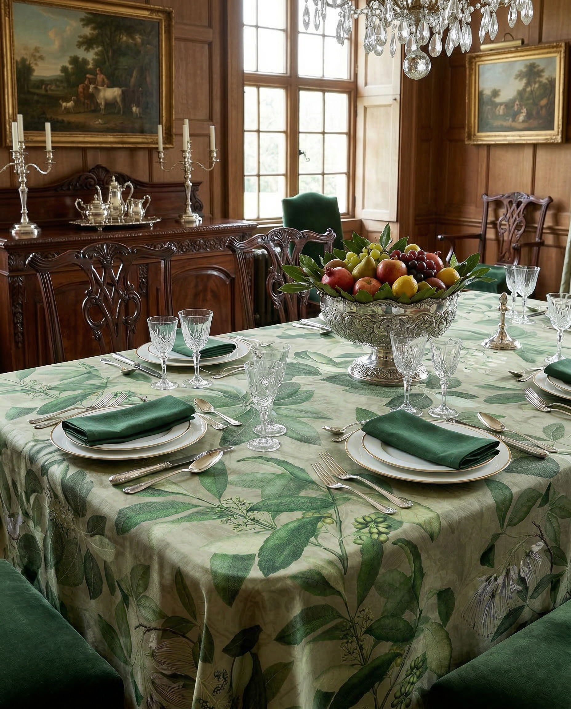 Hedycarya tablecloth premium linen in 180x320 cm with digitally printed decorative design