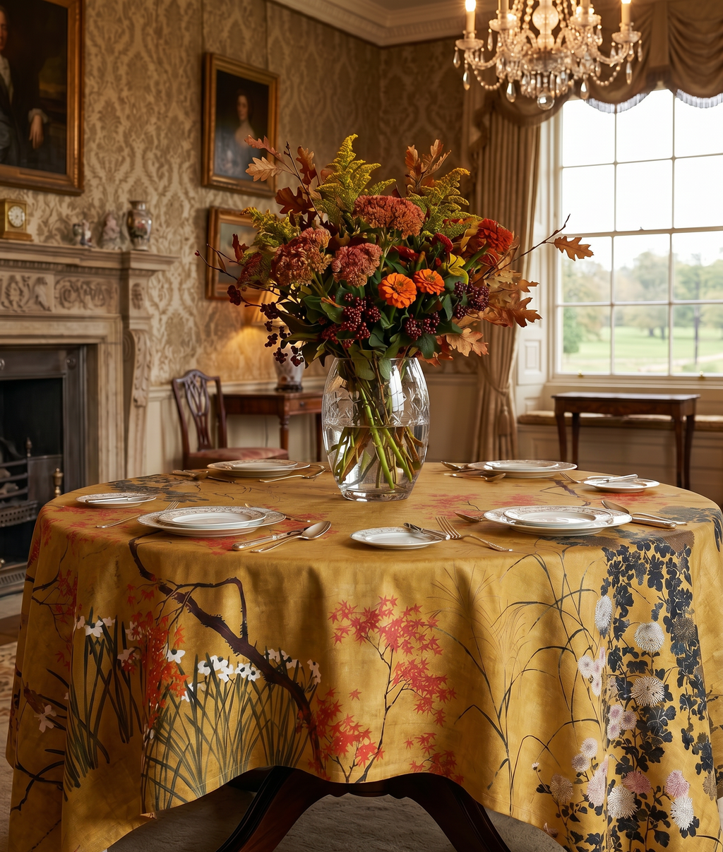 Eiji tablecloth premium linen in 180x180 cm with digitally printed decorative design