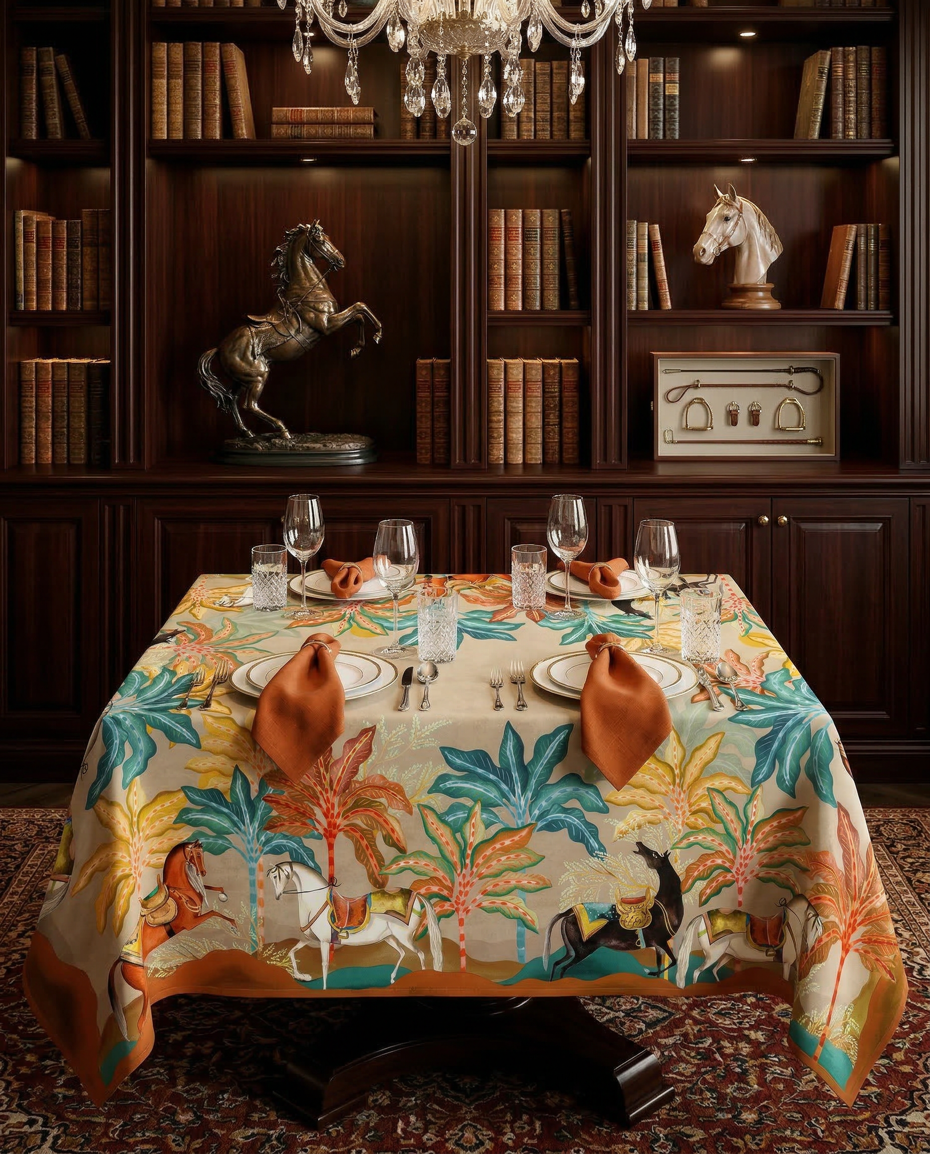 Equis tablecloth premium linen in 180x180 cm with digitally printed decorative design
