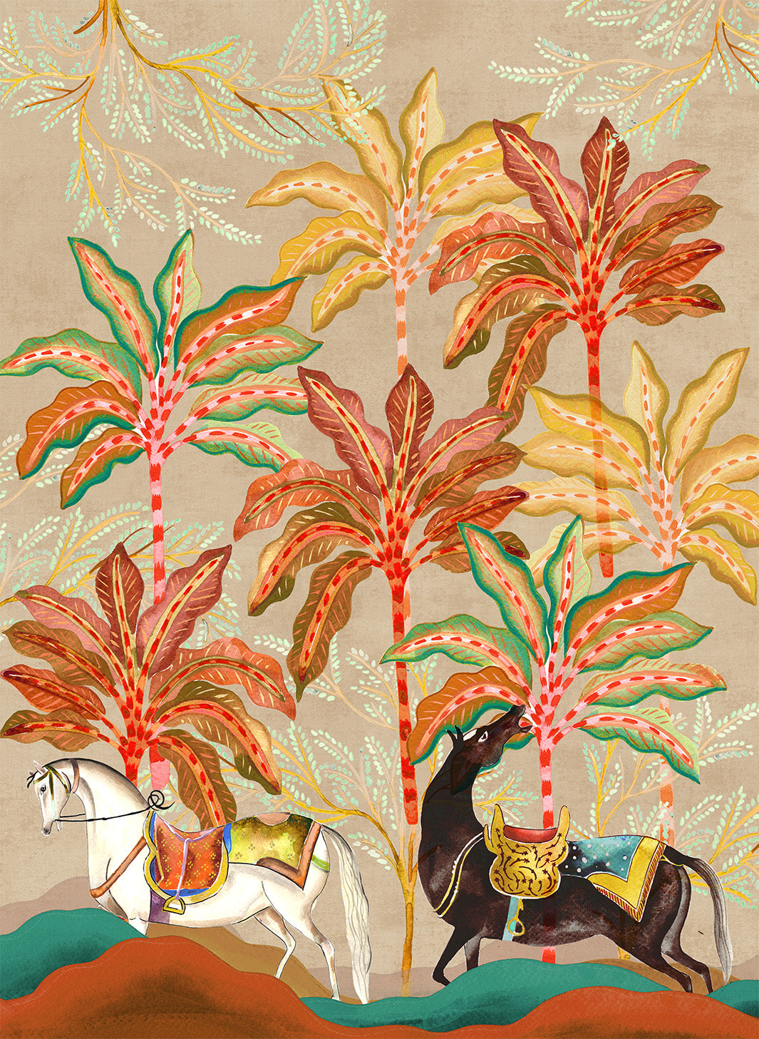 Equis kitchen towels in Premium Linen with digitally printed design, styled view