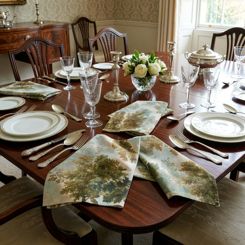 Goblin set of 4 premium linen napkins with whimsical storybook print