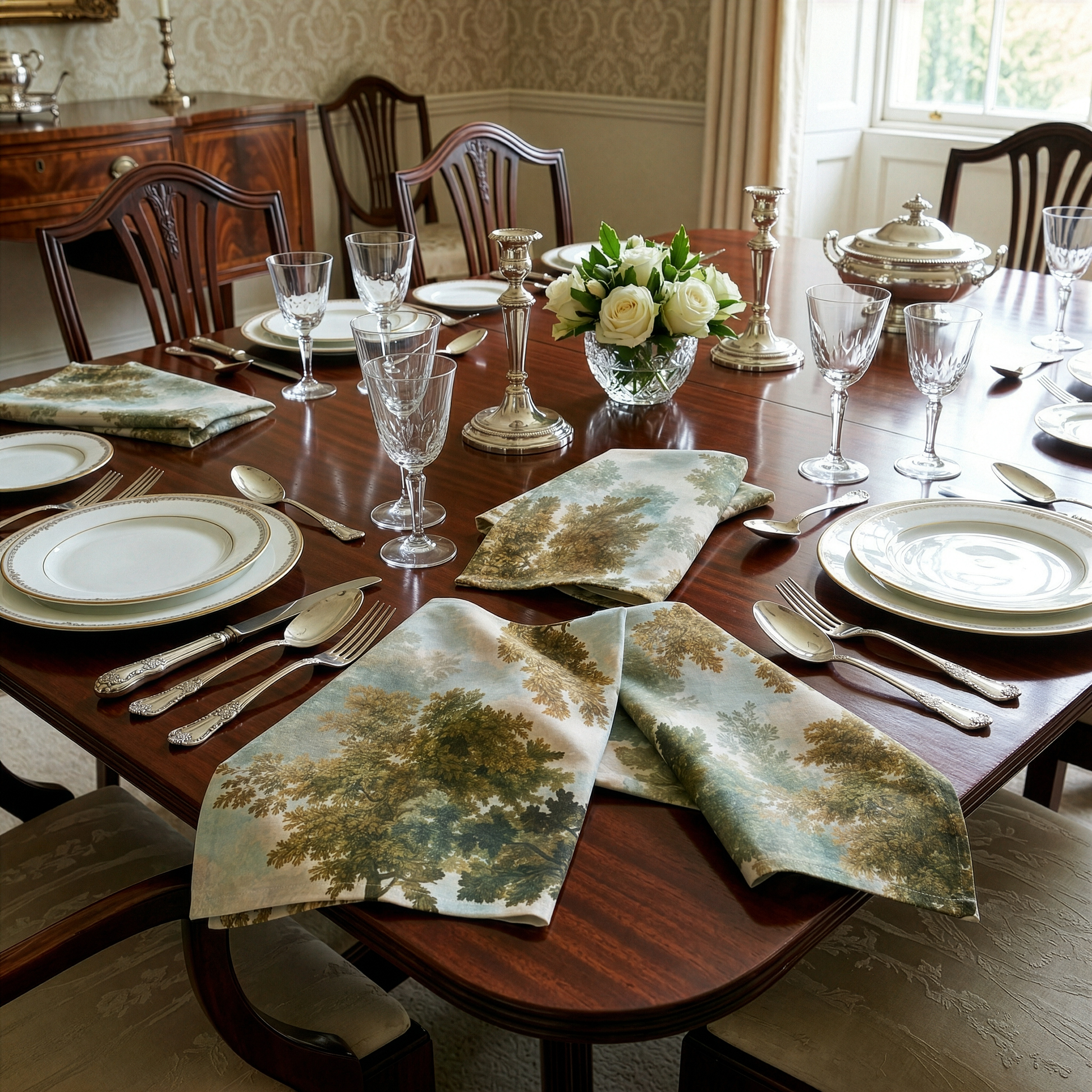 Goblin set of 4 premium linen napkins with whimsical storybook print