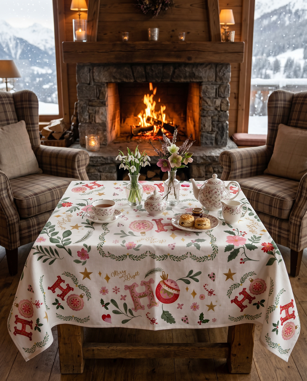 Ho Ho Ho tablecloth in mixed linen, 180x320 cm, Ho Ho Ho Christmas print