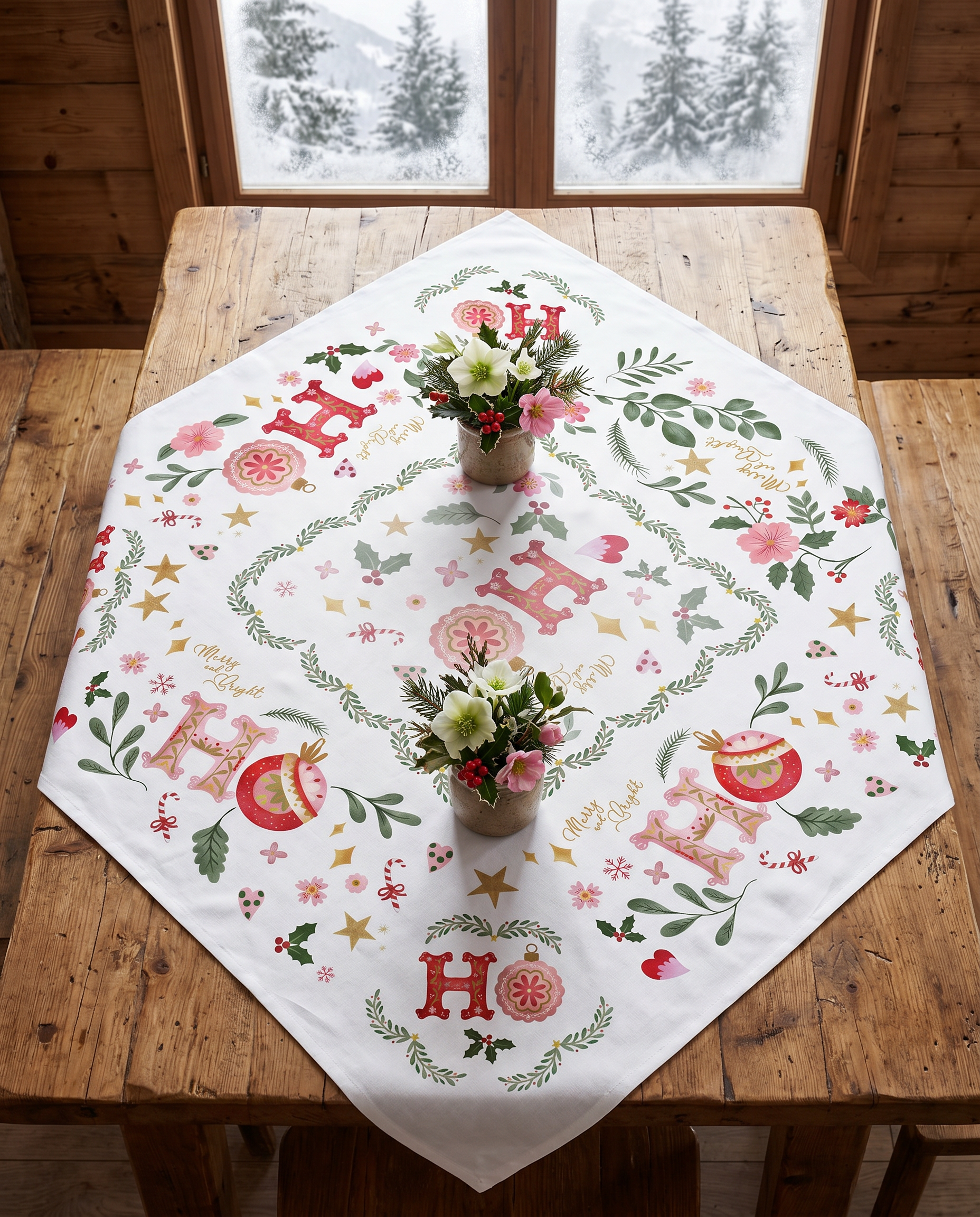 Ho Ho Ho tablecloth in mixed linen, 180x180 cm, Ho Ho Ho Christmas print