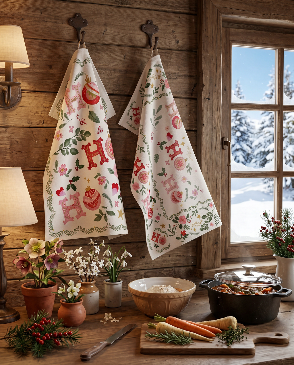 Ho Ho Ho kitchen towel variant 1 in mixed linen, Ho Ho Ho Christmas print