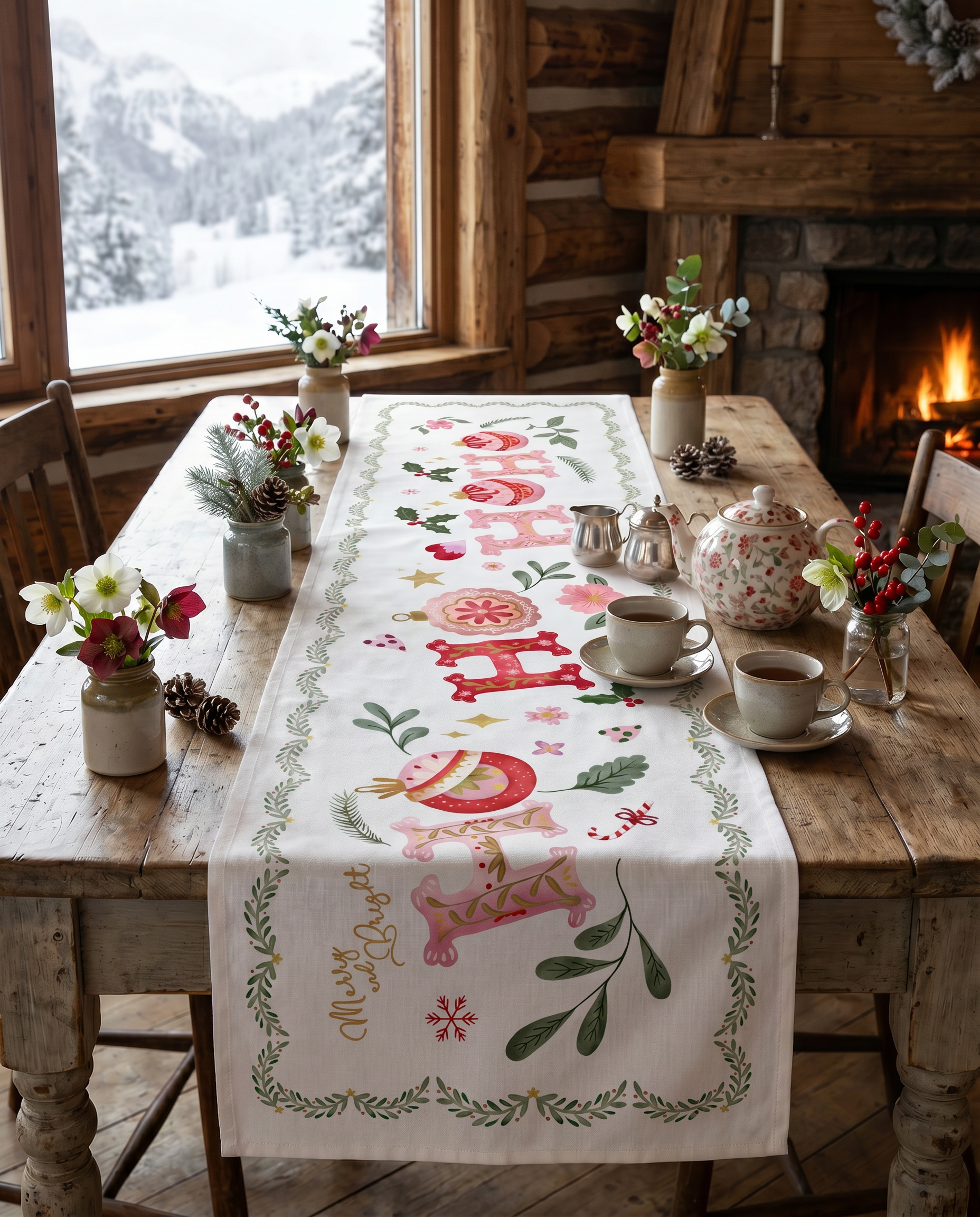 Ho Ho Ho runner in mixed linen, 50x150 cm, Ho Ho Ho Christmas print
