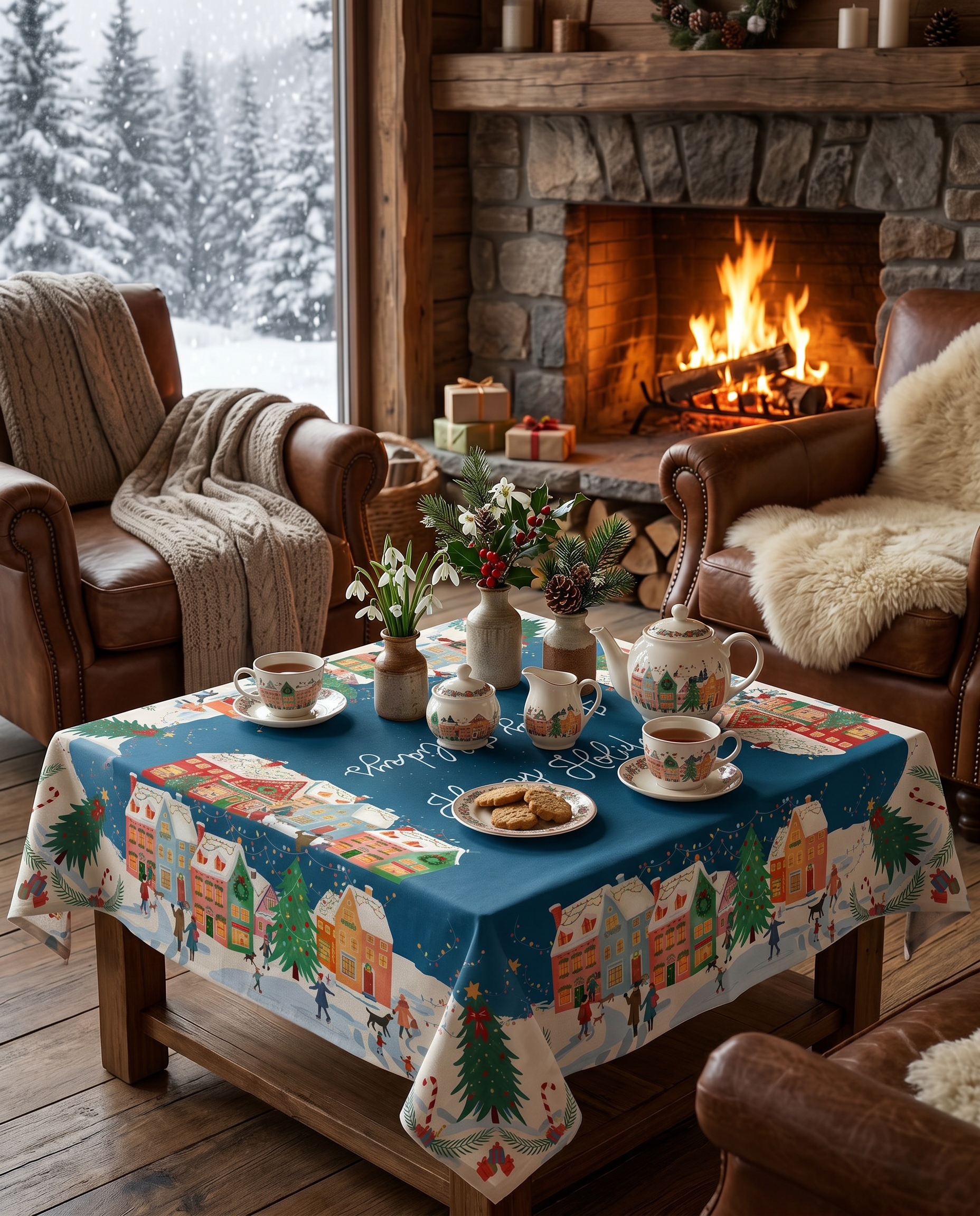 Happy Holidays tablecloth in mixed linen, 180x360 cm, festive greeting print