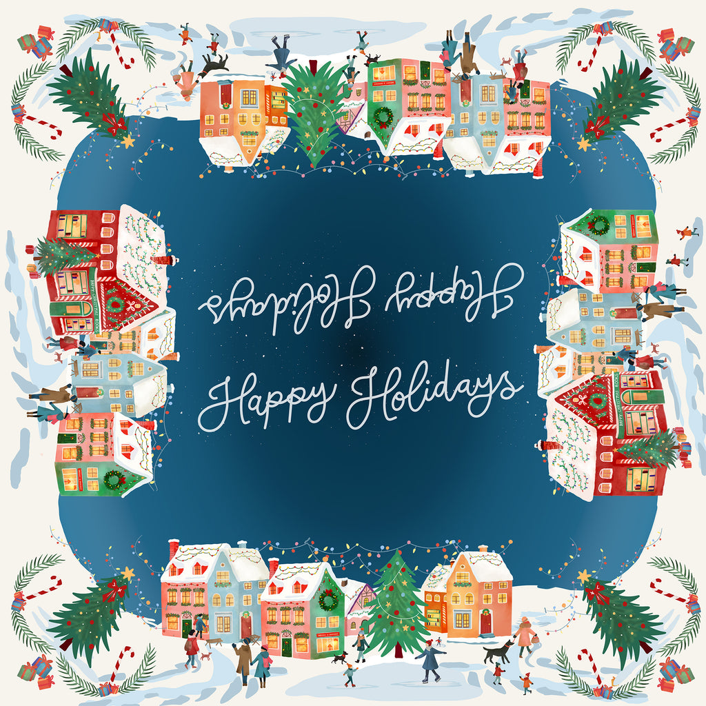 Happy Holidays tablecloth in mixed linen, 180x270 cm, festive greeting print