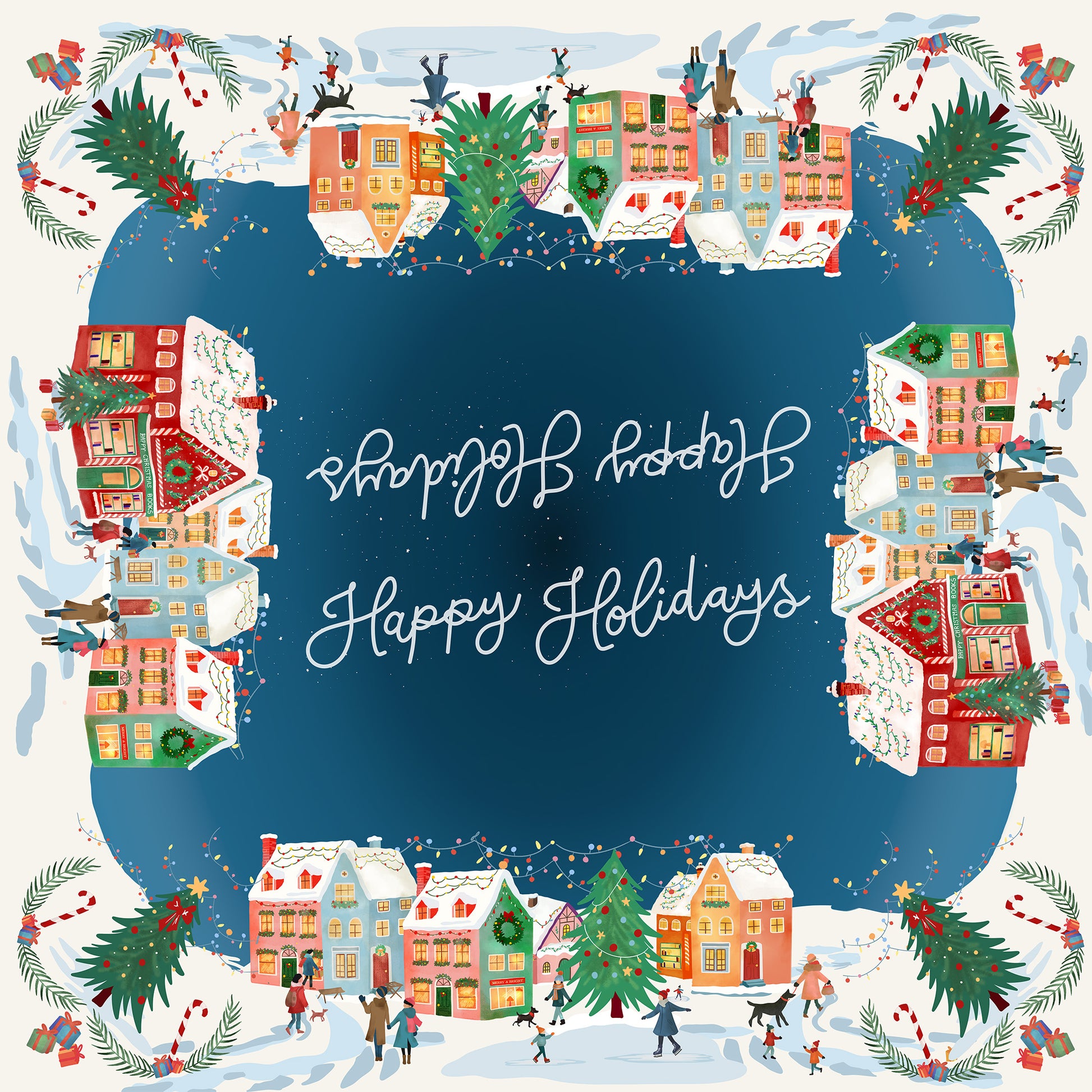 Happy Holidays tablecloth in mixed linen, 180x270 cm, festive greeting print