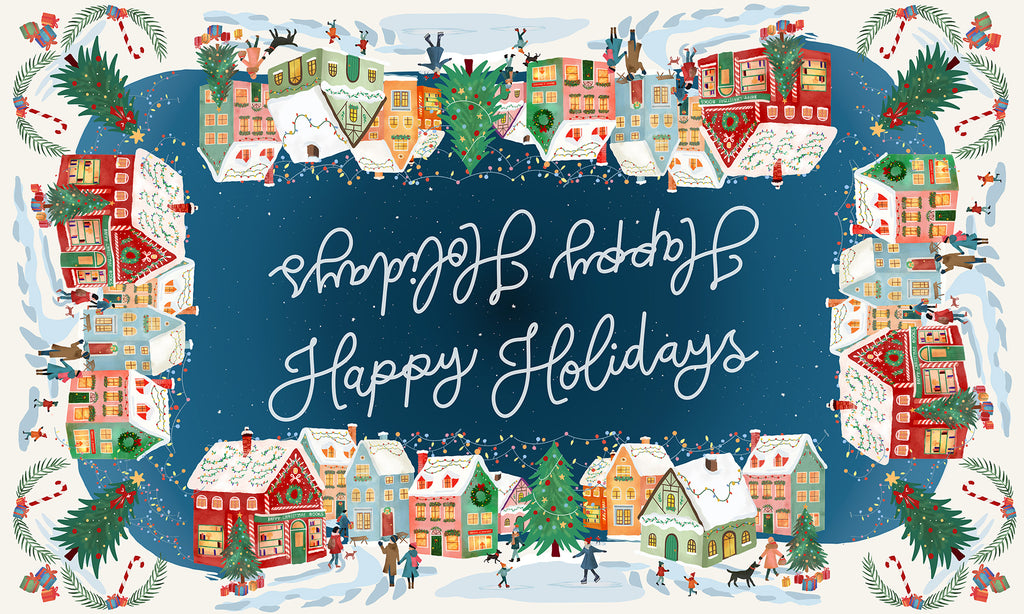 Happy Holidays tablecloth in mixed linen, 180x180 cm, festive greeting print