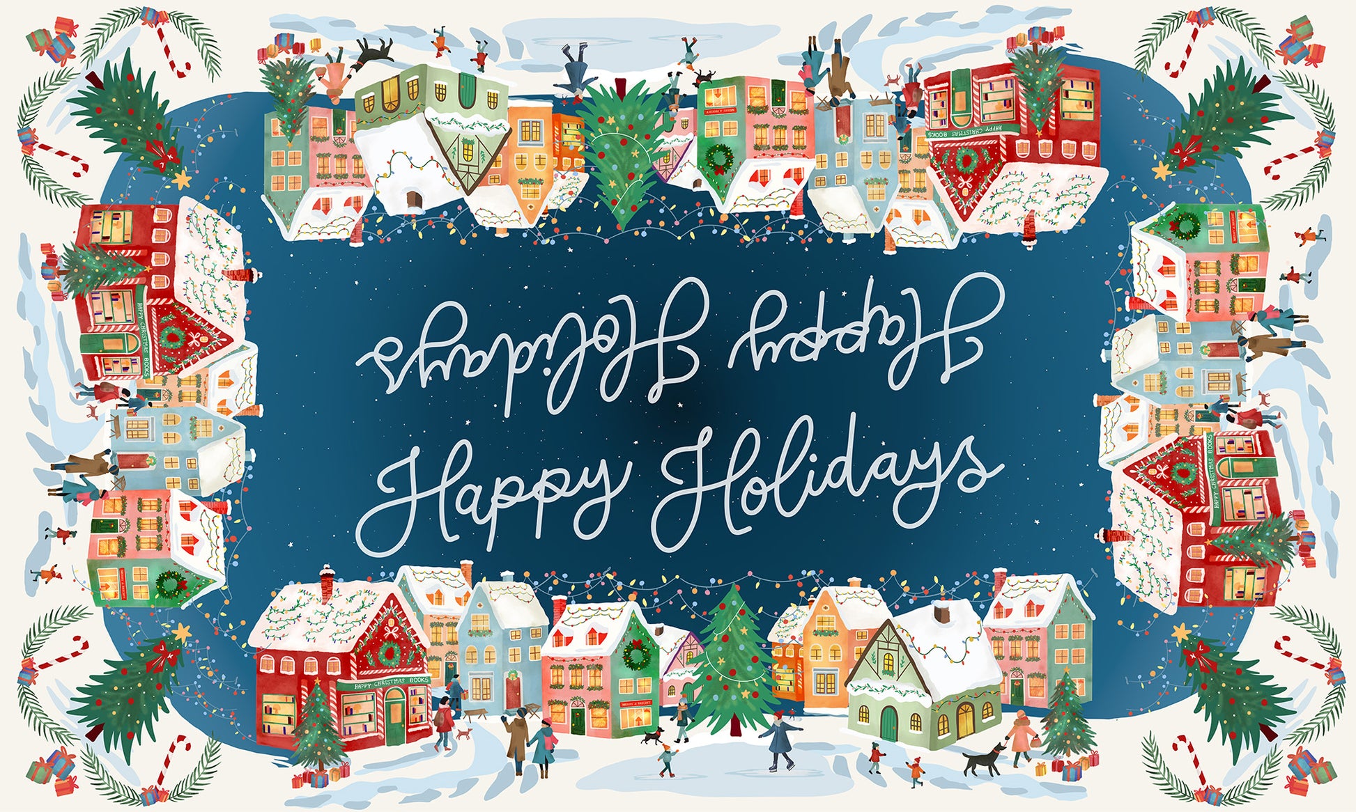 Happy Holidays tablecloth in mixed linen, 180x180 cm, festive greeting print