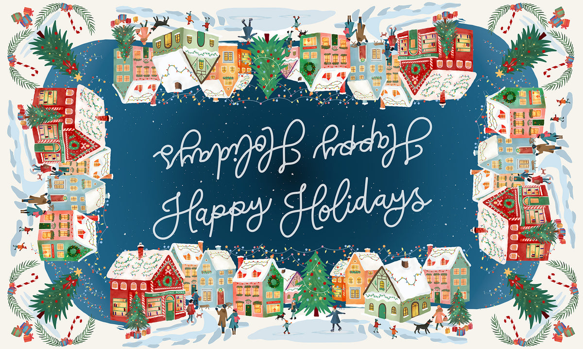 Happy Holidays tablecloth in mixed linen, 180x180 cm, festive greeting print