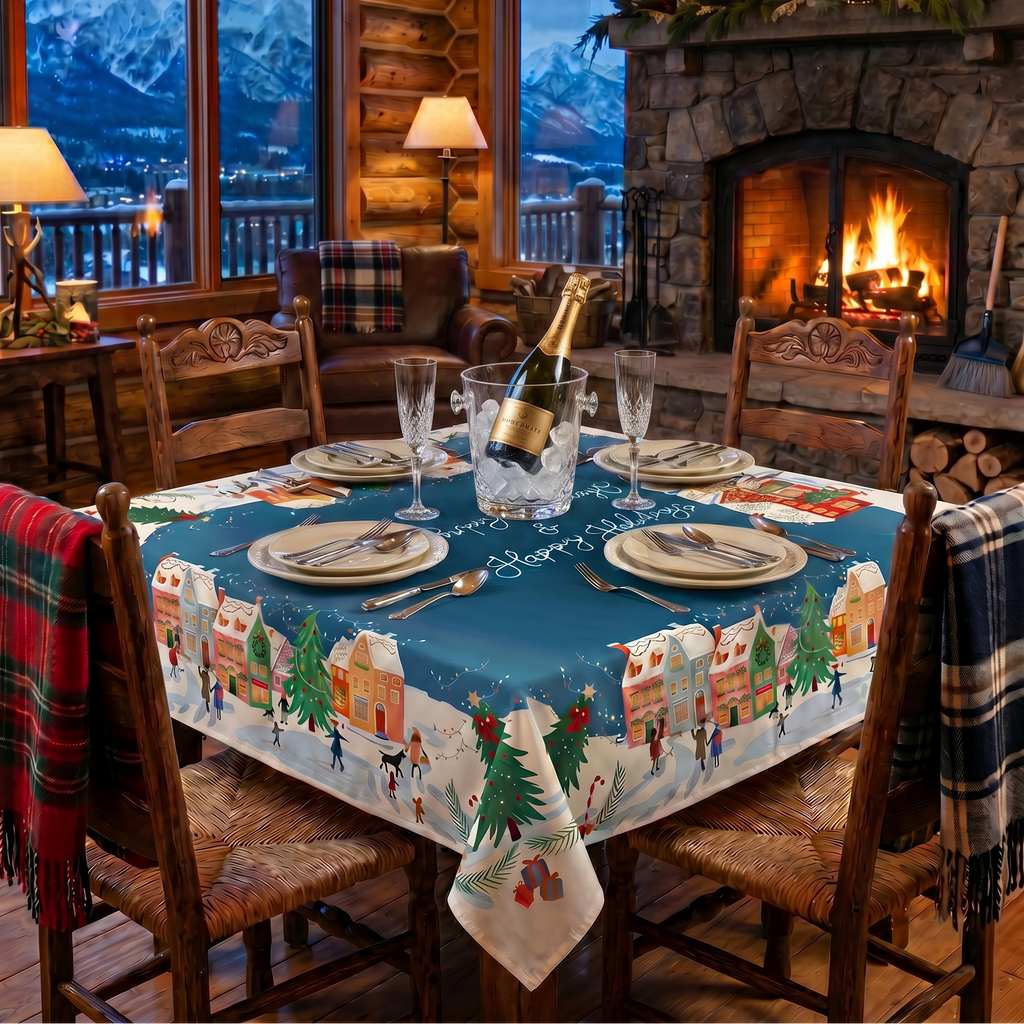 Happy Holidays tablecloth in mixed linen, 150x250 cm, festive greeting print