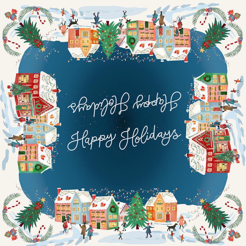 Happy Holidays tablecloth in mixed linen, 120x120 cm, festive greeting print