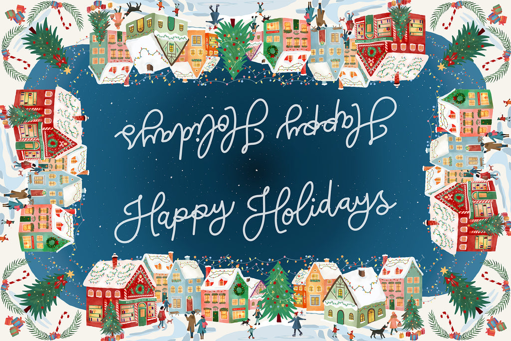 Happy Holidays tablecloth in mixed linen, 180x270 cm, festive greeting print