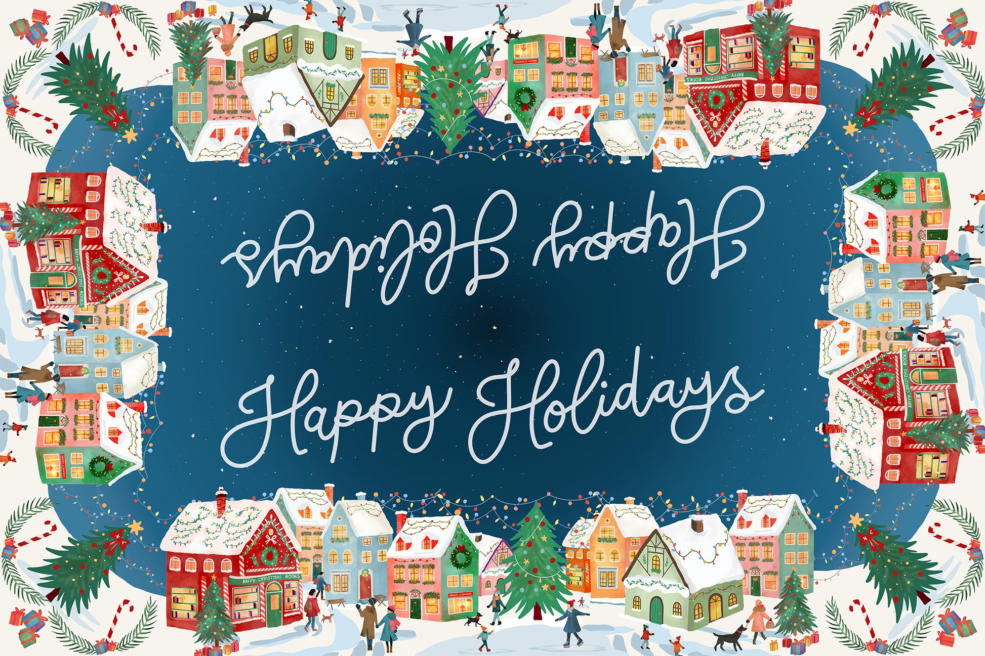 Happy Holidays tablecloth in mixed linen, 180x270 cm, festive greeting print