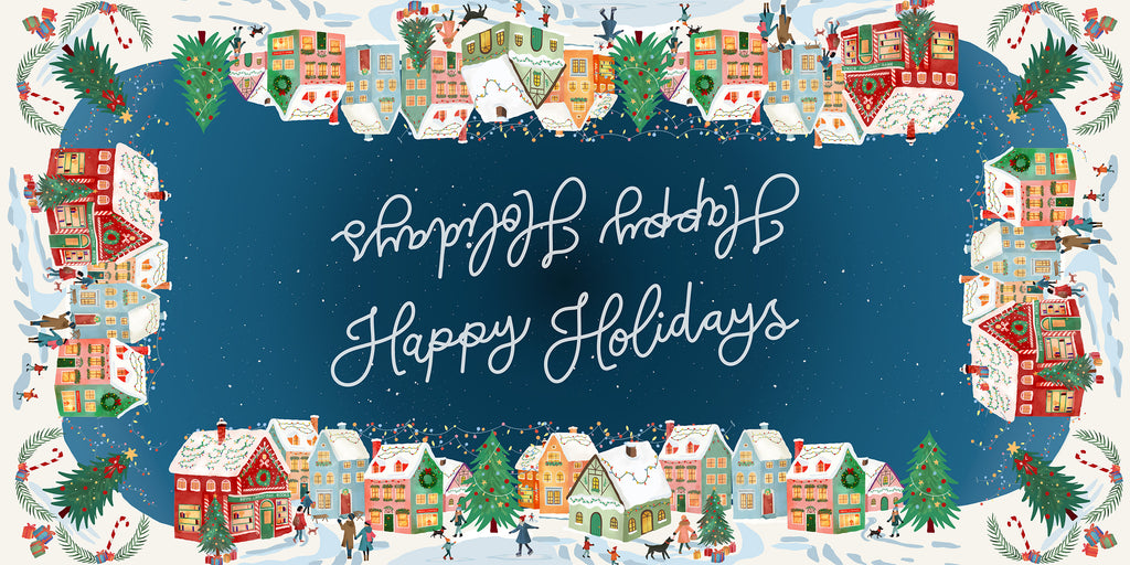 Happy Holidays tablecloth in mixed linen, 180x360 cm, festive greeting print
