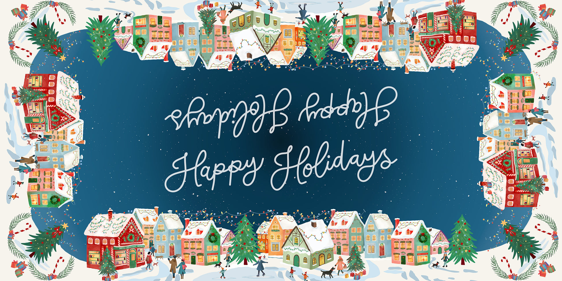 Happy Holidays tablecloth in mixed linen, 180x360 cm, festive greeting print