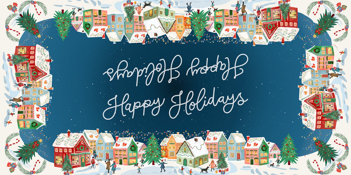 Happy Holidays tablecloth in mixed linen, 180x360 cm, festive greeting print