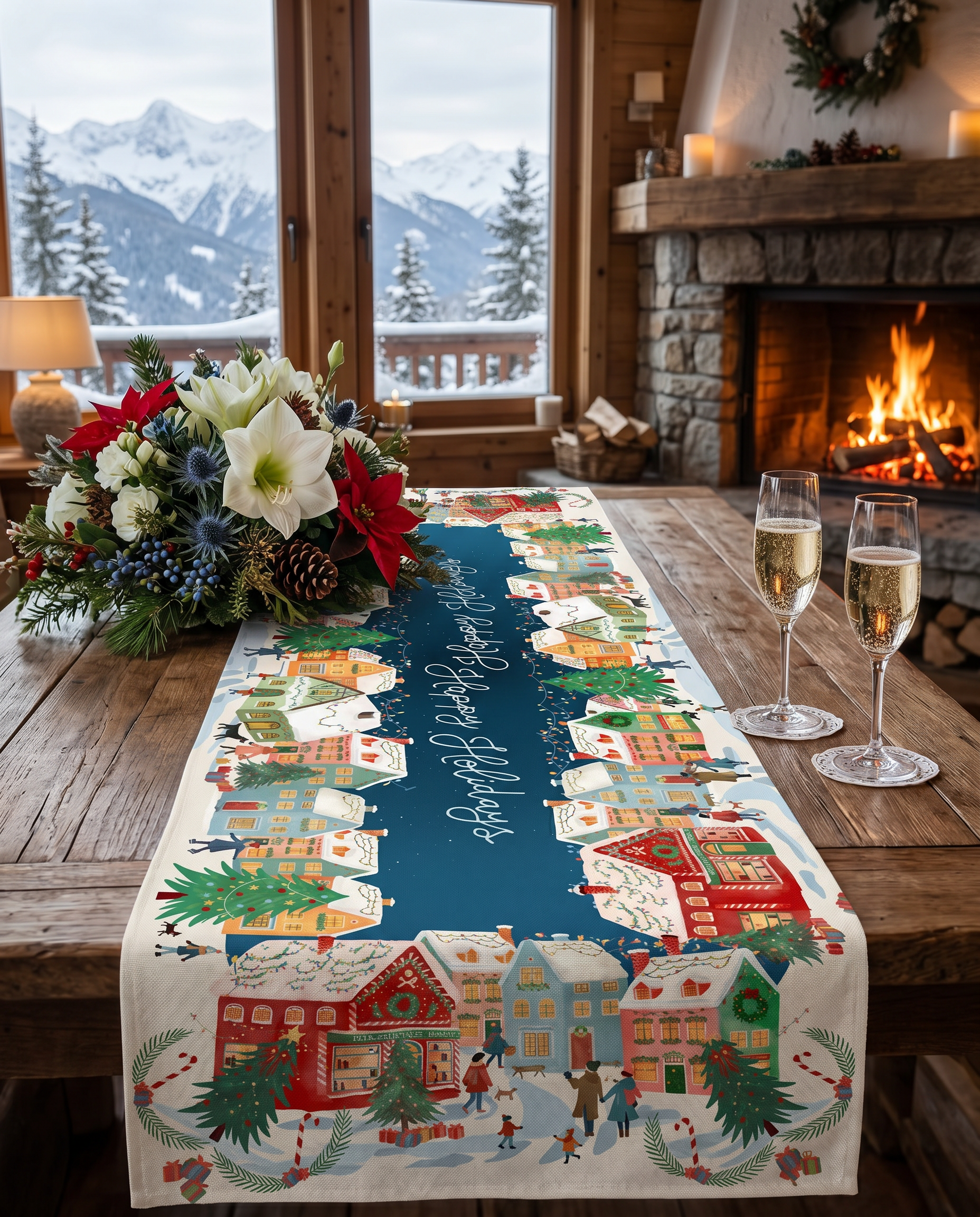 Happy Holidays runner in mixed linen, 50x150 cm, festive greeting print