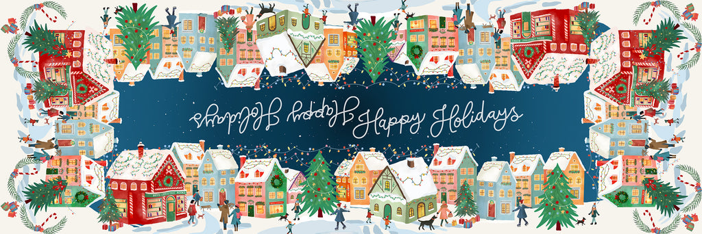 Happy Holidays runner in mixed linen, 50x150 cm, festive greeting print