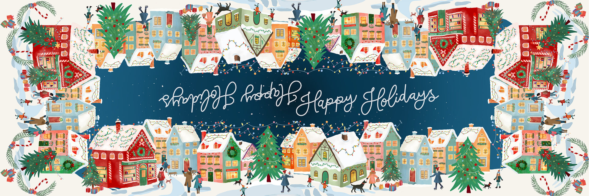 Happy Holidays runner in mixed linen, 50x150 cm, festive greeting print
