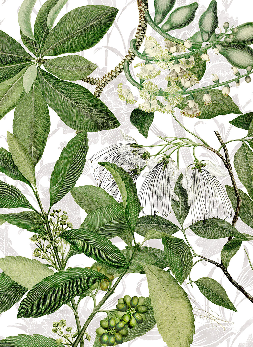 Hedycarya kitchen towels in Premium Linen with digitally printed design, white variant, detail view