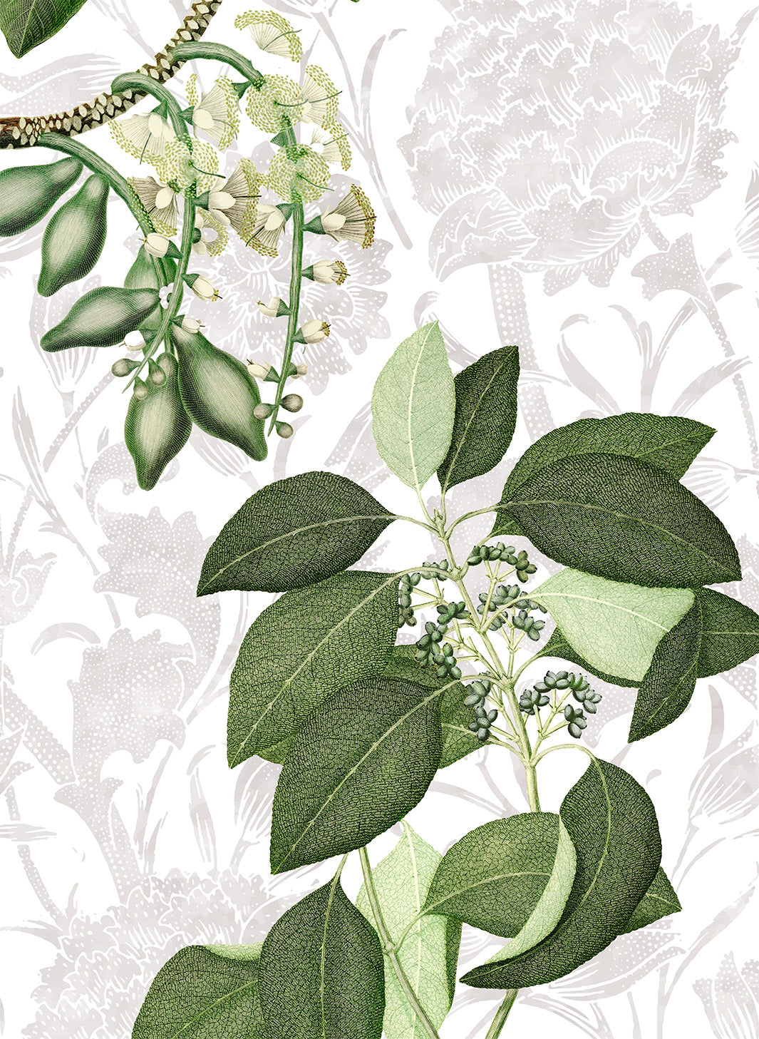 Hedycarya kitchen towels in Premium Linen with digitally printed design, white variant, styled view