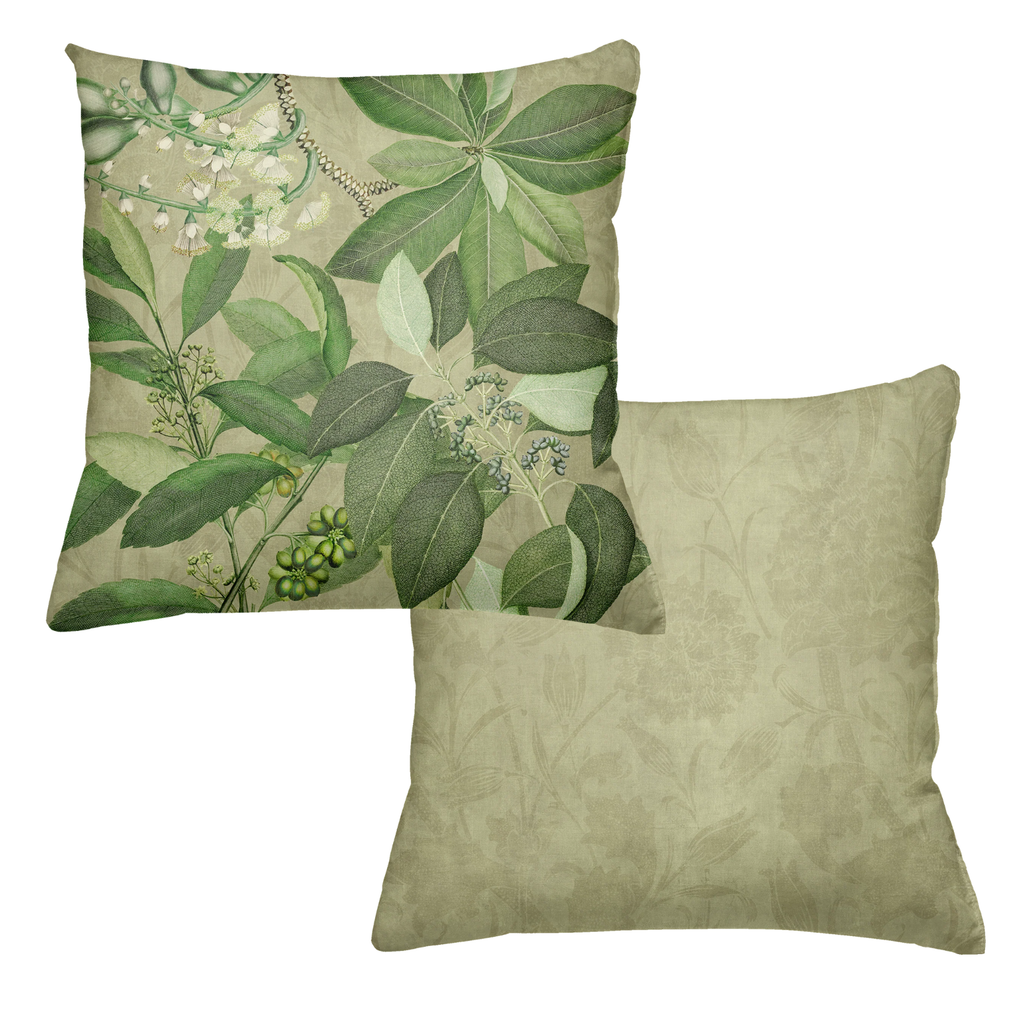 Hedycarya velvet cushion in green variant with botanical print