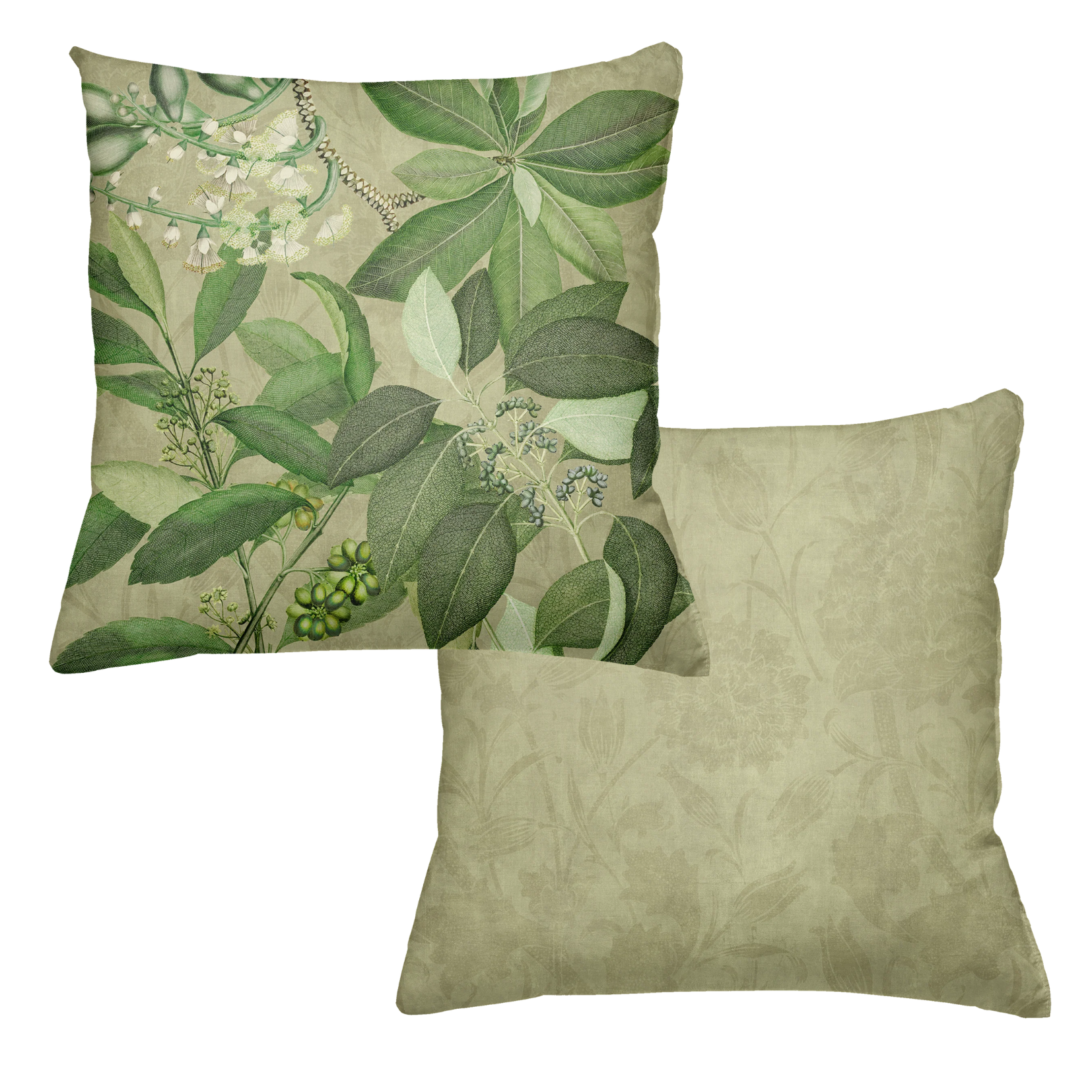 Hedycarya velvet cushion in green variant with botanical print