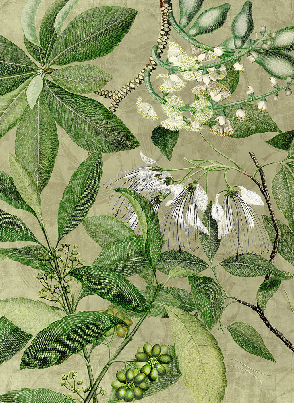 Hedycarya kitchen towels in Premium Linen with digitally printed design, green variant, detail view
