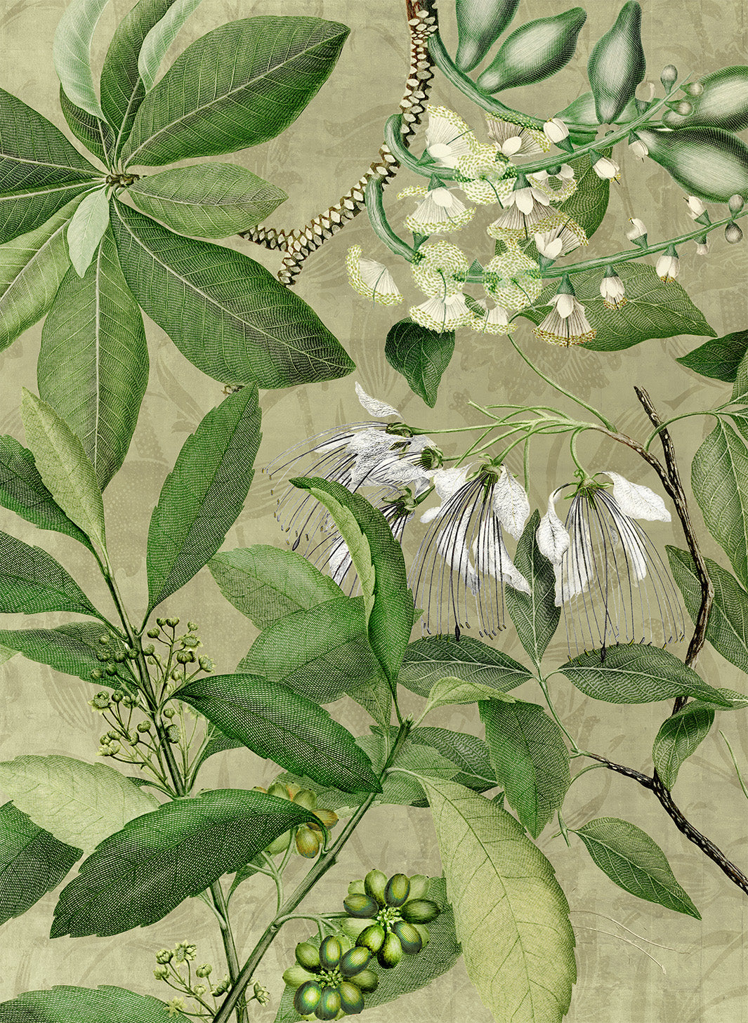 Hedycarya kitchen towels in Premium Linen with digitally printed design, green variant, detail view