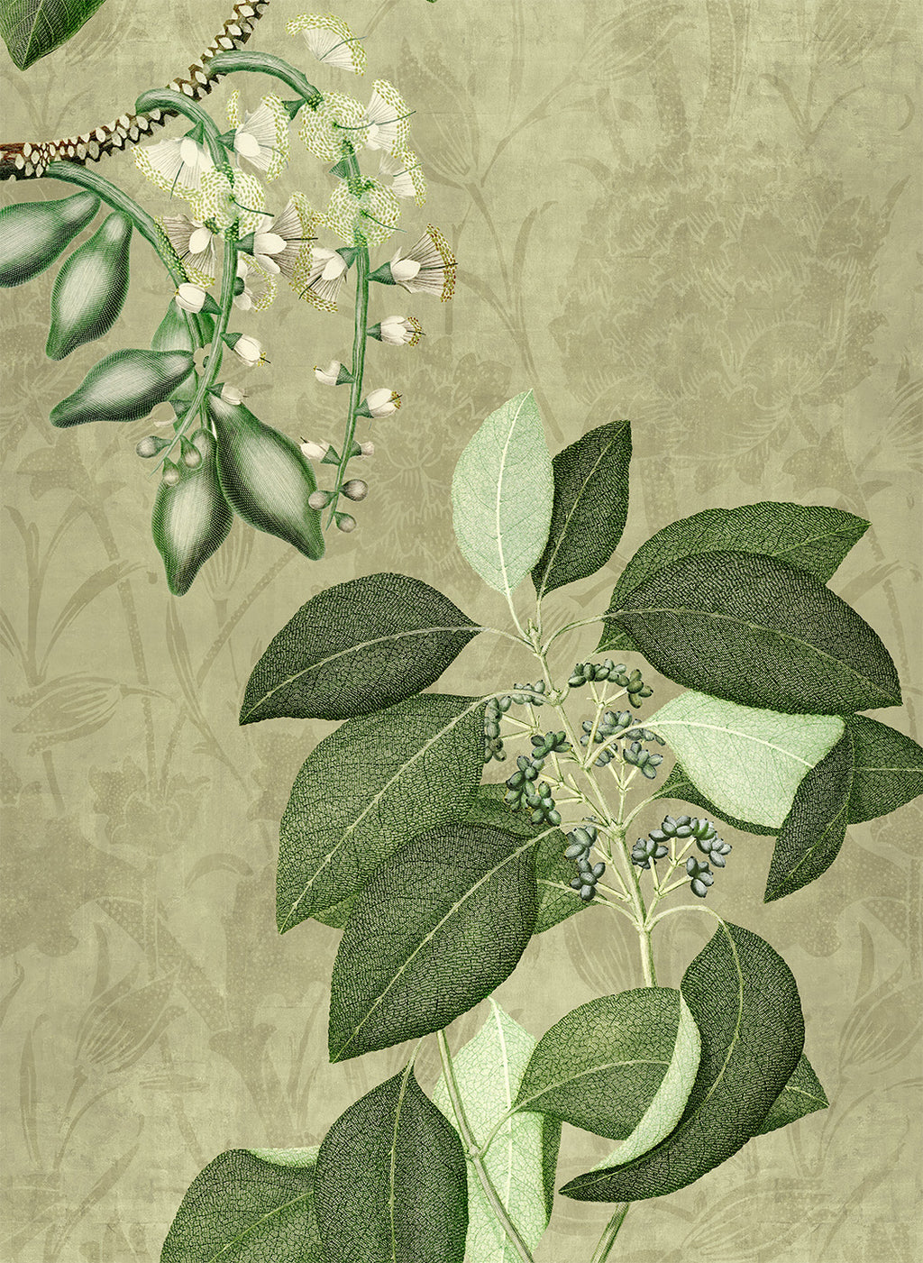 Hedycarya kitchen towels in Premium Linen with digitally printed design, green variant, styled view