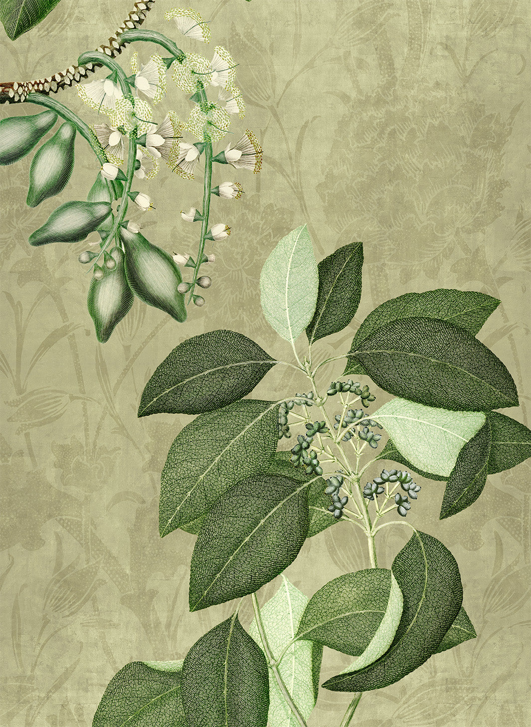 Hedycarya kitchen towels in Premium Linen with digitally printed design, green variant, styled view
