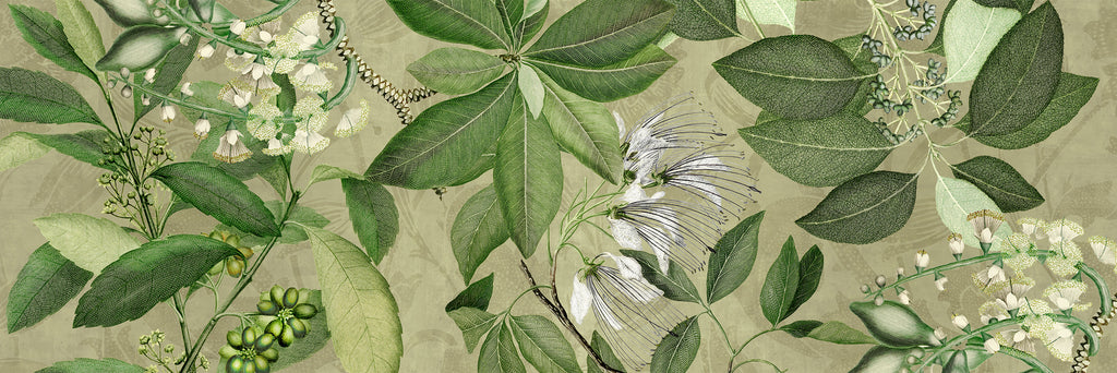 Hedycarya Runner Premium Linen with botanical print, green variant, 50x150 cm