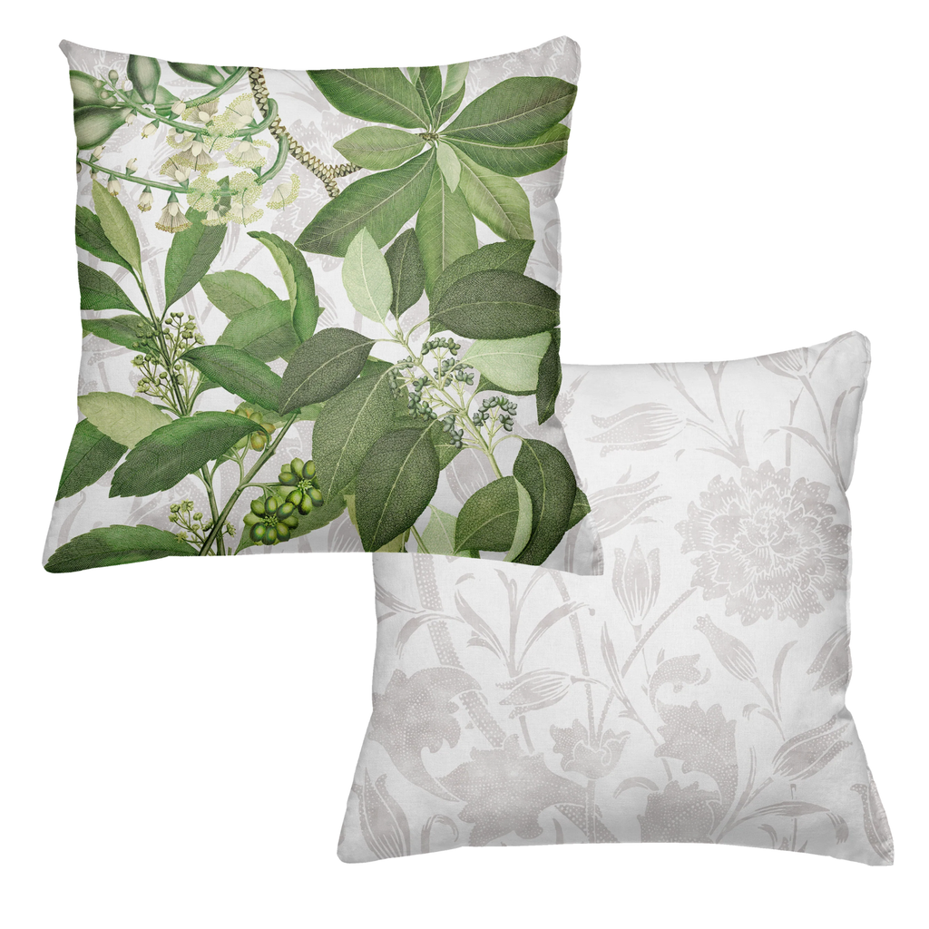 Hedycarya velvet cushion in white variant with botanical print