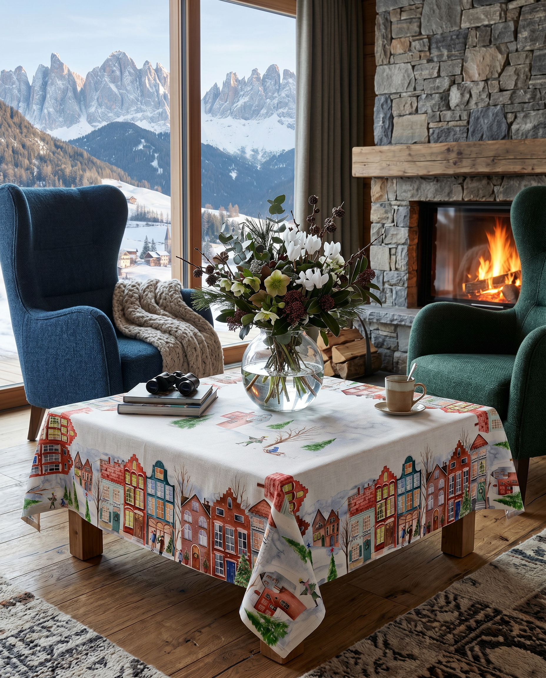Jolin tablecloth in mixed linen, 180x360 cm, illustrated festive print