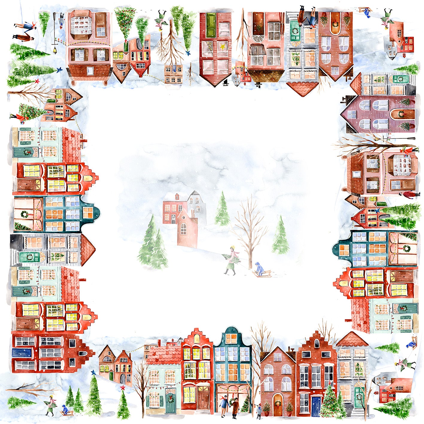 Jolin tablecloth in mixed linen, 180x180 cm, illustrated festive print