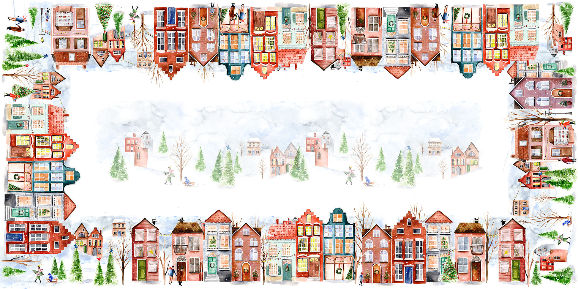 Jolin tablecloth in mixed linen, 180x360 cm, illustrated festive print