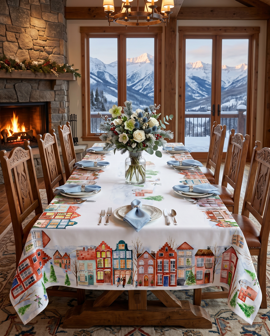 Jolin tablecloth in mixed linen, 120x120 cm, illustrated festive print